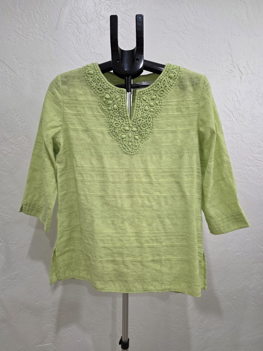 Alfred Dunner Lime Green Crochet-Trim Split Neck Blouse
